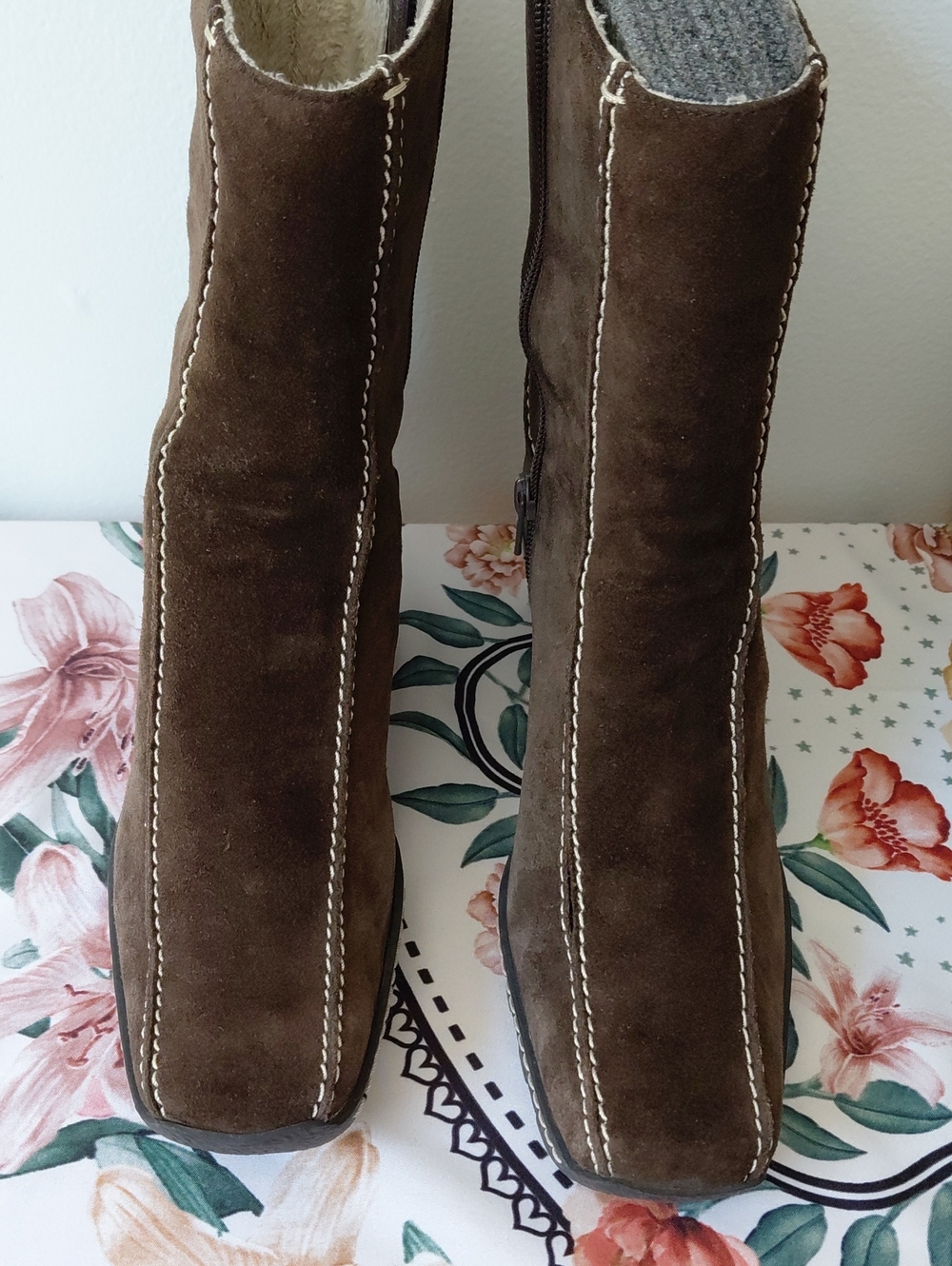 Nine West Dark Brown Suede Ankle Booties with Contrast Stitching